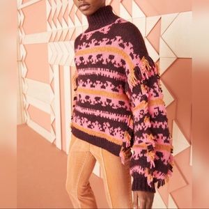 Ulla Johnson Lubina Intarsia Knit Fringe Alpaca Blend Turtleneck Sweater